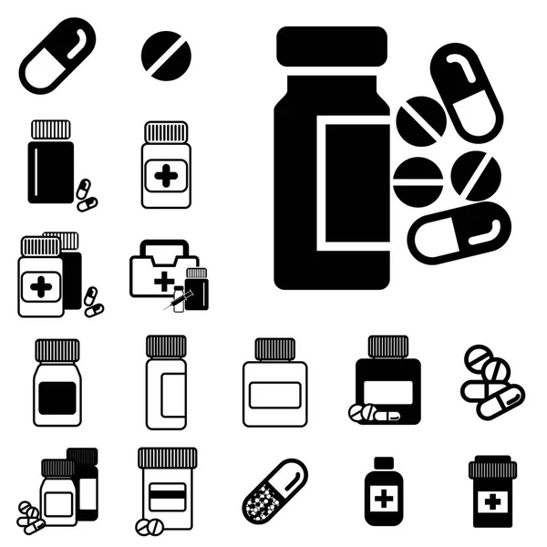 Diferentes comprimidos ou ícones de frascos de drogas isolados — Vetor de Stock