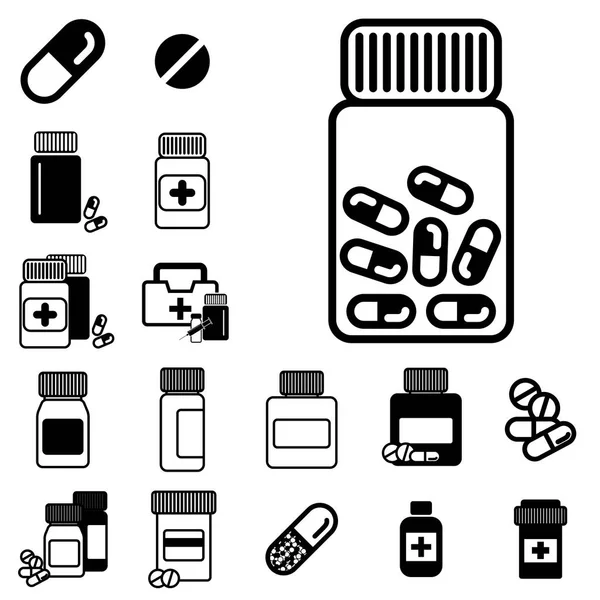 Diferentes comprimidos ou ícones de frascos de drogas isolados — Vetor de Stock