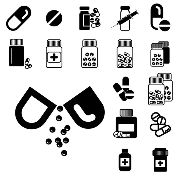 Diferentes comprimidos ou ícones de frascos de drogas isolados — Vetor de Stock