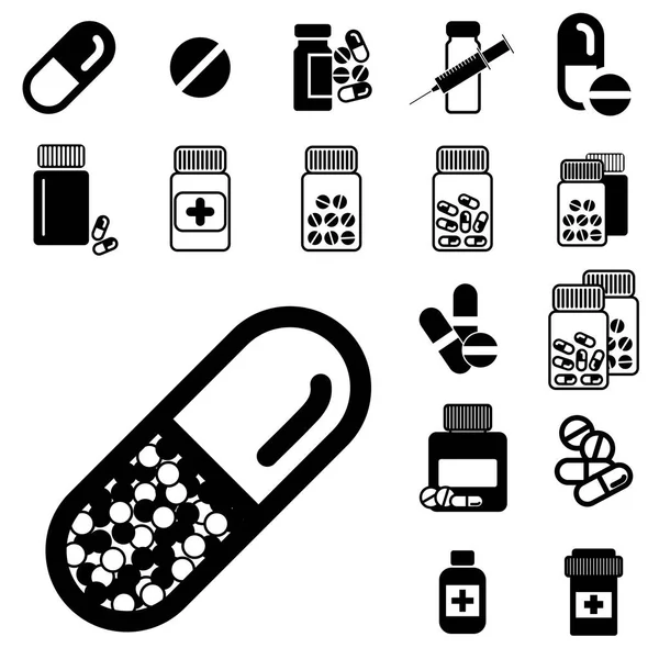 Diferentes pastillas o frascos de drogas iconos aislados — Archivo Imágenes Vectoriales