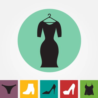 Parti moda elbise simgesini veya elbise askısı izole ile siluet