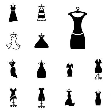 Parti moda elbise simgesini veya elbise askısı izole ile siluet