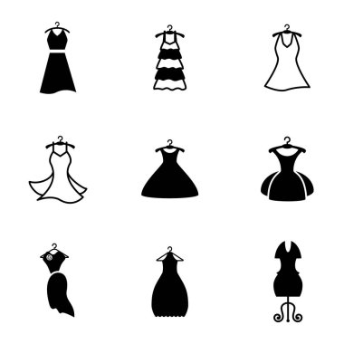 Parti moda elbise simgesini veya elbise askısı izole ile siluet
