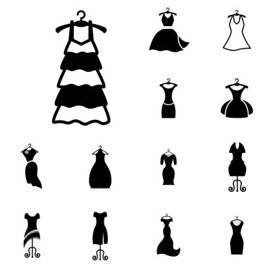 Parti moda elbise simgesini veya elbise askısı izole ile siluet