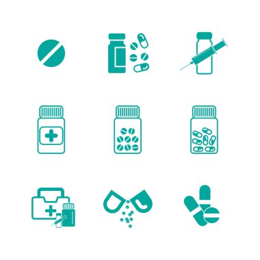 Farklı hap ya da ilaç izole simgeler kavanozlar