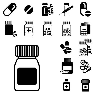 Farklı hap ya da ilaç izole simgeler kavanozlar