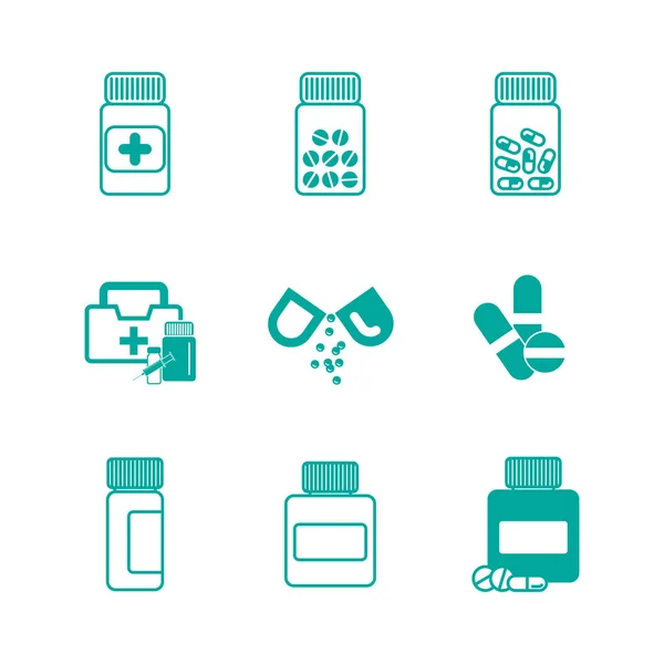 Diferentes comprimidos ou ícones de frascos de drogas isolados — Vetor de Stock