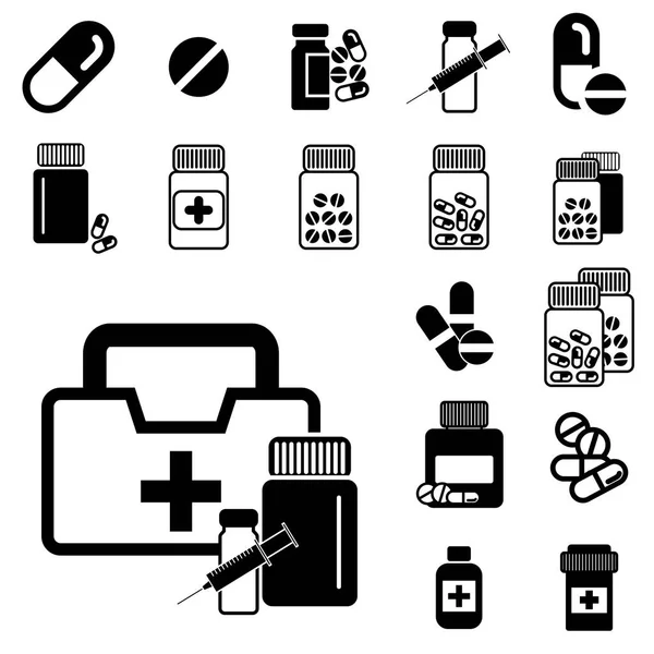 Diferentes pastillas o frascos de drogas iconos aislados — Archivo Imágenes Vectoriales