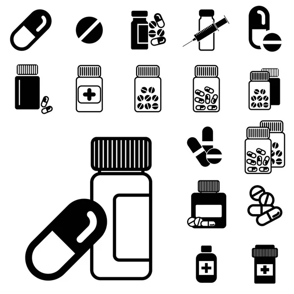 Ikonen verschiedener Pillen- oder Medikamentengläser isoliert — Stockvektor