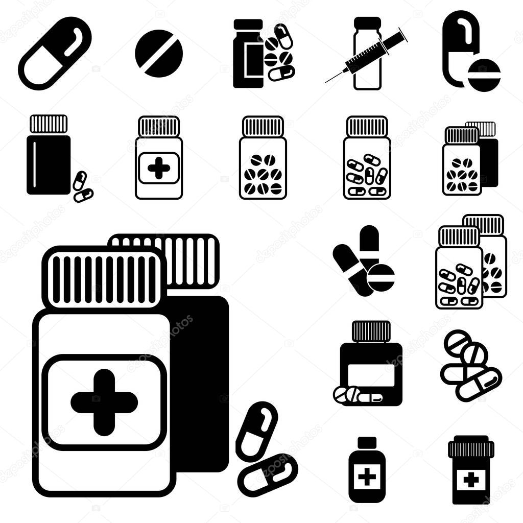 Different Pill or Drug Jars Icons Isolated