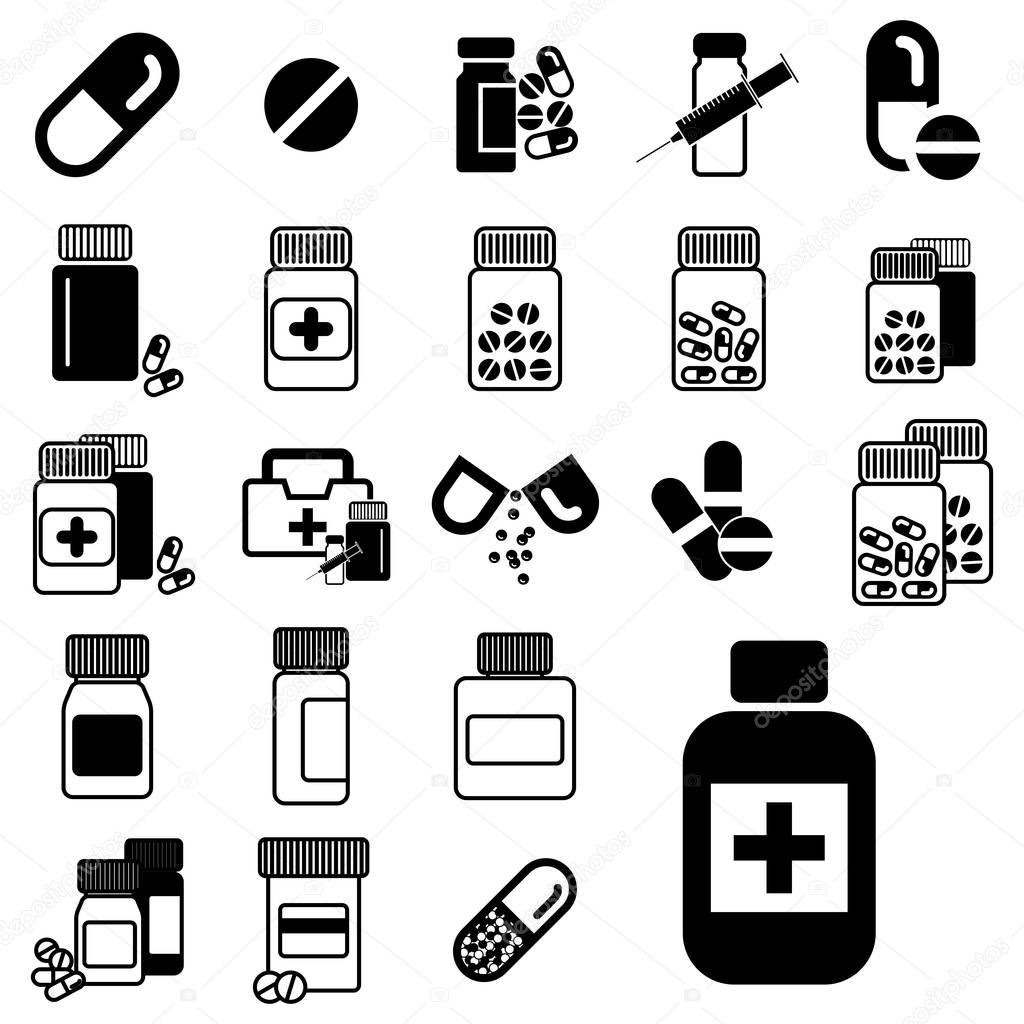 Different Pill or Drug Jars Icons Isolated