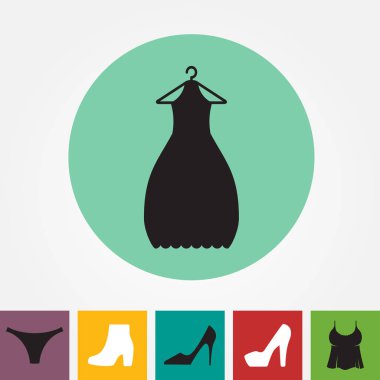 Parti moda elbise simgesini veya elbise askısı izole ile siluet
