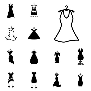 Parti moda elbise simgesini veya elbise askısı izole ile siluet