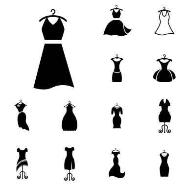Parti moda elbise simgesini veya elbise askısı izole ile siluet