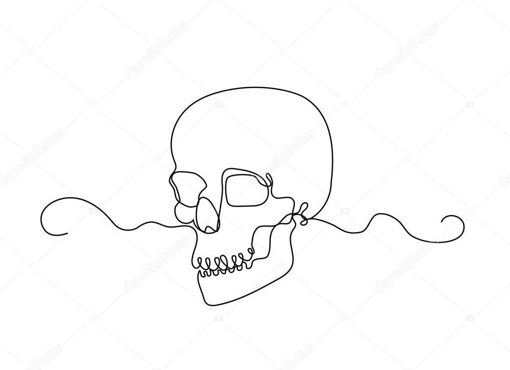Continuous thin line human skull vector illustration, minimalist cranium sketch doodle. One line art scull icon, single outline drawing or simple skull logo