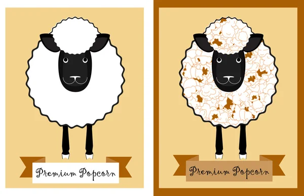 Conception de paquet de maïs soufflé avec des moutons amusants. Moutons avec des grains de maïs soufflé au lieu de laine. Conception transparente de paquet de maïs soufflé . — Image vectorielle