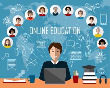 Öğretmen ve online eğitim grup. Beyaz kontur simgeleri arka plan