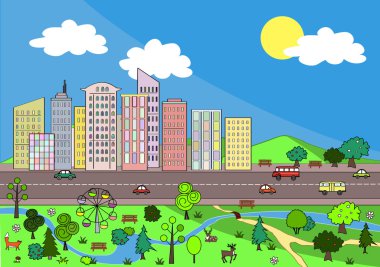 Soyut şehir ve rahat park ile manzara. Vektör arka plan.