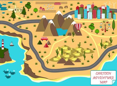 Deniz, dağlar, çöl ve şehir ile karikatür harita