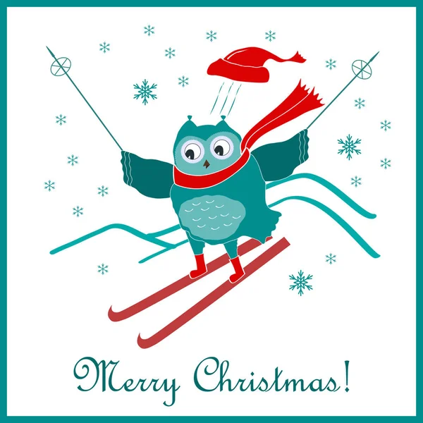 Lustige süße Ski-Eule. Neujahrs- und Weihnachtskarte. — Stockvektor