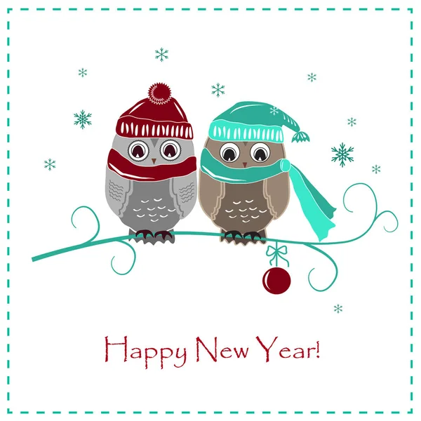 Sevimli kış kartı. İki bebek baykuş şapka ve eşarplar — Stok Vektör