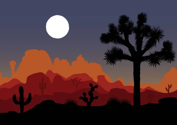 Ночной пейзаж с деревом Джошуа и горами. Векторная иллюстрация . — стоковый вектор