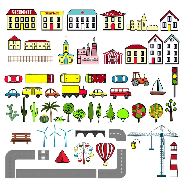 Набор элементов карты города для детей. Векторная иллюстрация — стоковый вектор