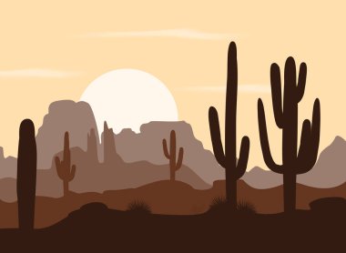Sabah manzara saguaro kaktüs ve dağ. Vektör çizim