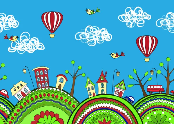 Padrão sem costura doodle bonito com colinas ornamentadas e cidade dos desenhos animados —  Vetores de Stock