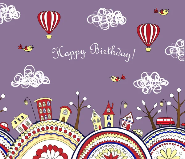 Happy birthday card with doodle city seamless pattern. — Stock Vector