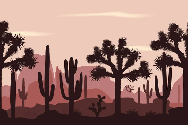 Naadloze patroon van de woestijn met joshua bomen en saguaro cactussen. — Stockvector