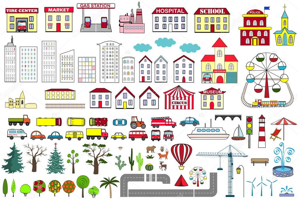 Set of cartoon city map elements. Vector illustration.