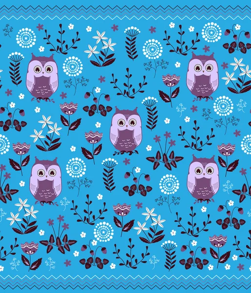 Cute colorful floral seamless pattern with owls. Kids blanket design — Stock Vector