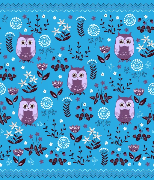 Mignon motif floral sans couture coloré avec des hiboux. Conception de couverture pour enfants — Image vectorielle