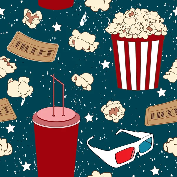 Seamless pattern with popcorn, soda, and 3D glasses. Movie background Royalty Free Stock Illustrations