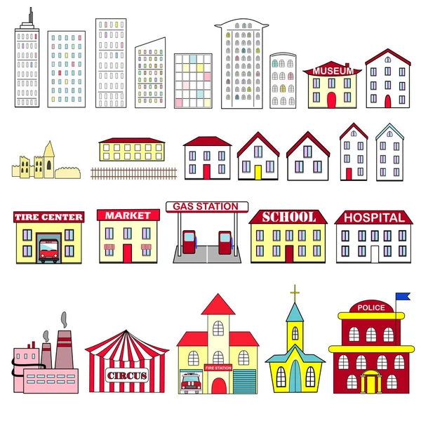 Dibujos animados vector conjunto de edificios de la ciudad — Vector de stock