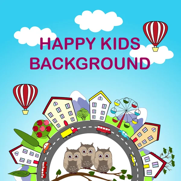 Crianças fundo com cidade feliz e corujas bonitos na frente —  Vetores de Stock