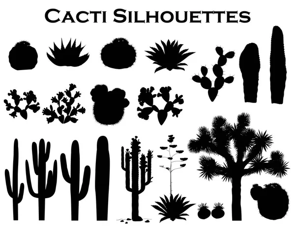 Siluetas negras de cactus, agave, árbol de joshúa y pera espinosa. Ilustración vectorial — Archivo Imágenes Vectoriales