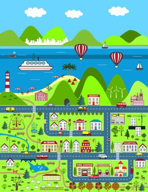 Detaylı karikatür harita city, mounatins ve deniz