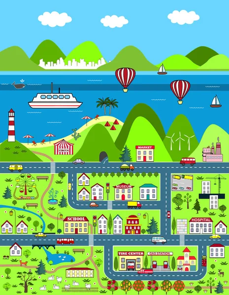 Mapa detallado de dibujos animados con ciudad, montes y mar — Vector de stock