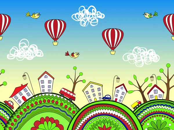 Lindo doodle niños fondo con colinas ornamentadas y la ciudad de dibujos animados. Vector sin costura — Vector de stock