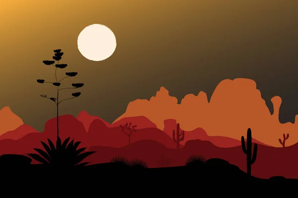 Blauwe agave silhouet in nacht woestijn. Achtergrond van bergen. Vectorillustratie — Stockvector