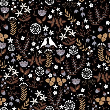Floral seamless pattern with cute birds couple on doodle flower background clipart