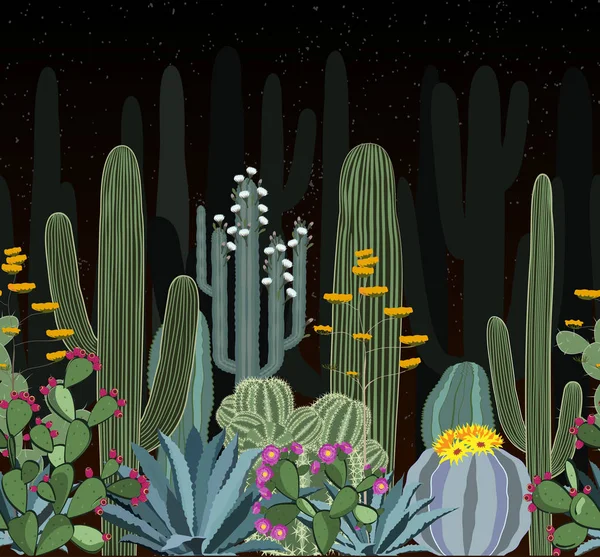 Seamless pattern with cactus. Wild cactus forest at night — Stock Vector