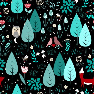 Fox, kuşlar, çiçekler ve ağaçlar bahar ya da yaz deseni. Şirin sihirli orman arka plan