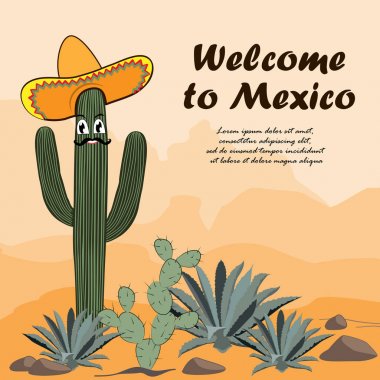Sombrero saguaro kaktüs. Meksika kartı için hoş geldiniz. Kaktüs, opuntia ve agav çölde. Vektör çizim
