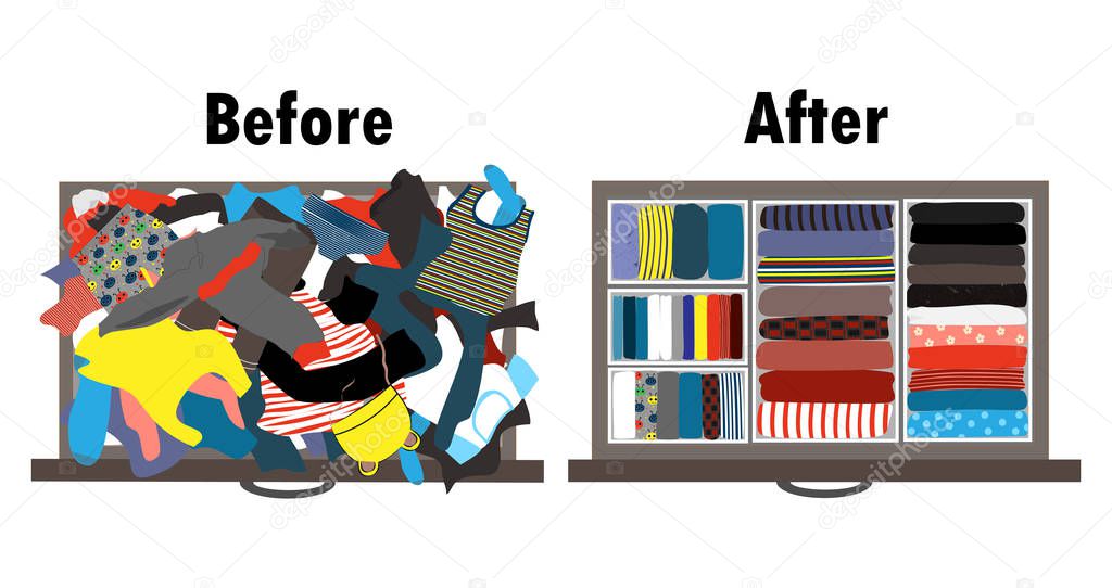 Before and after tidying up kids wardrobe in drawer. Messy clothes and nicely arranged clothes in piles.