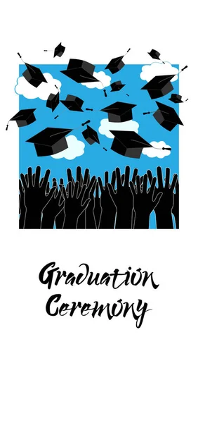 Graduate Hands Throwing Up Graduation Hats. Tapas de graduación en el aire . — Archivo Imágenes Vectoriales