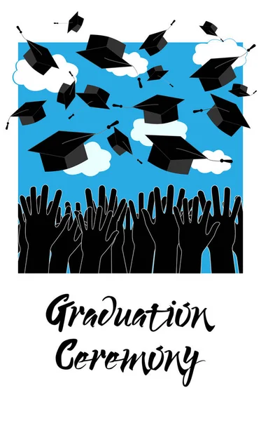 Απόφοιτος χέρια ρίχνουν επάνω καπέλα αποφοίτησης. Φόντο τελετή αποφοίτησης — Διανυσματικό Αρχείο