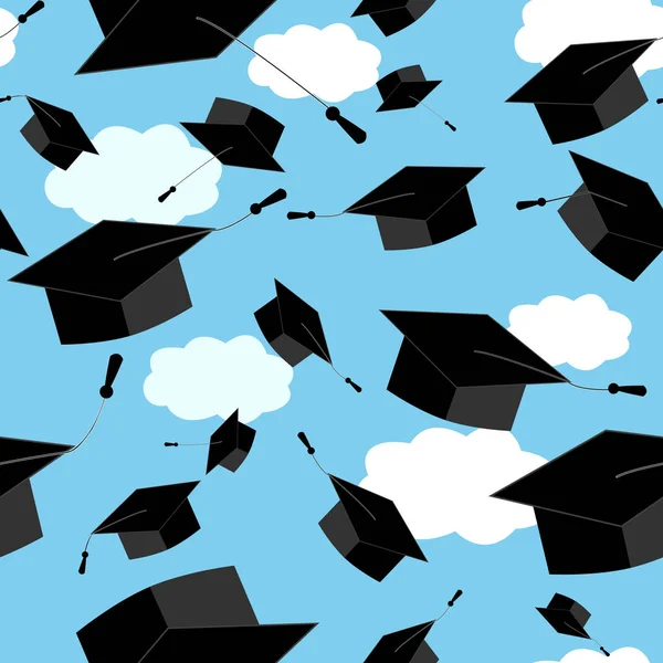 Seamless pattern of graduation hat thrown up in the clouds sky. Vector educate cap illustration — Stock Vector
